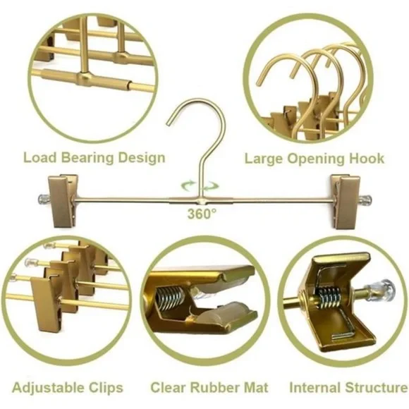Gold Aluminum Skirt Hangers 2-Adjustable ClipsClothes Hangers, Pack of 10 Closet Accessories